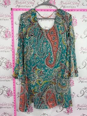 Pink Owl Teal Paisley Midi Dress with Coral & Lime Accents